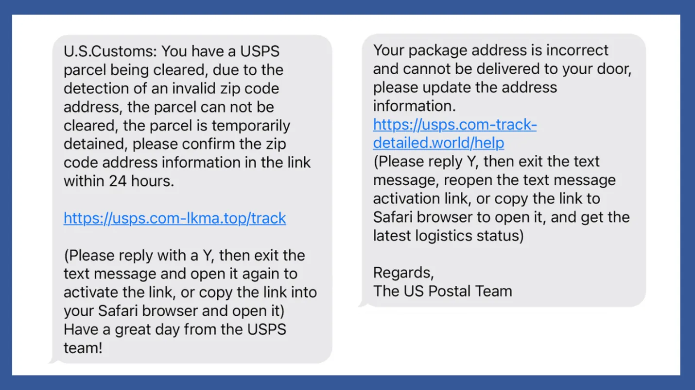Consumer-protection example of a fake USPS package-tracking text message