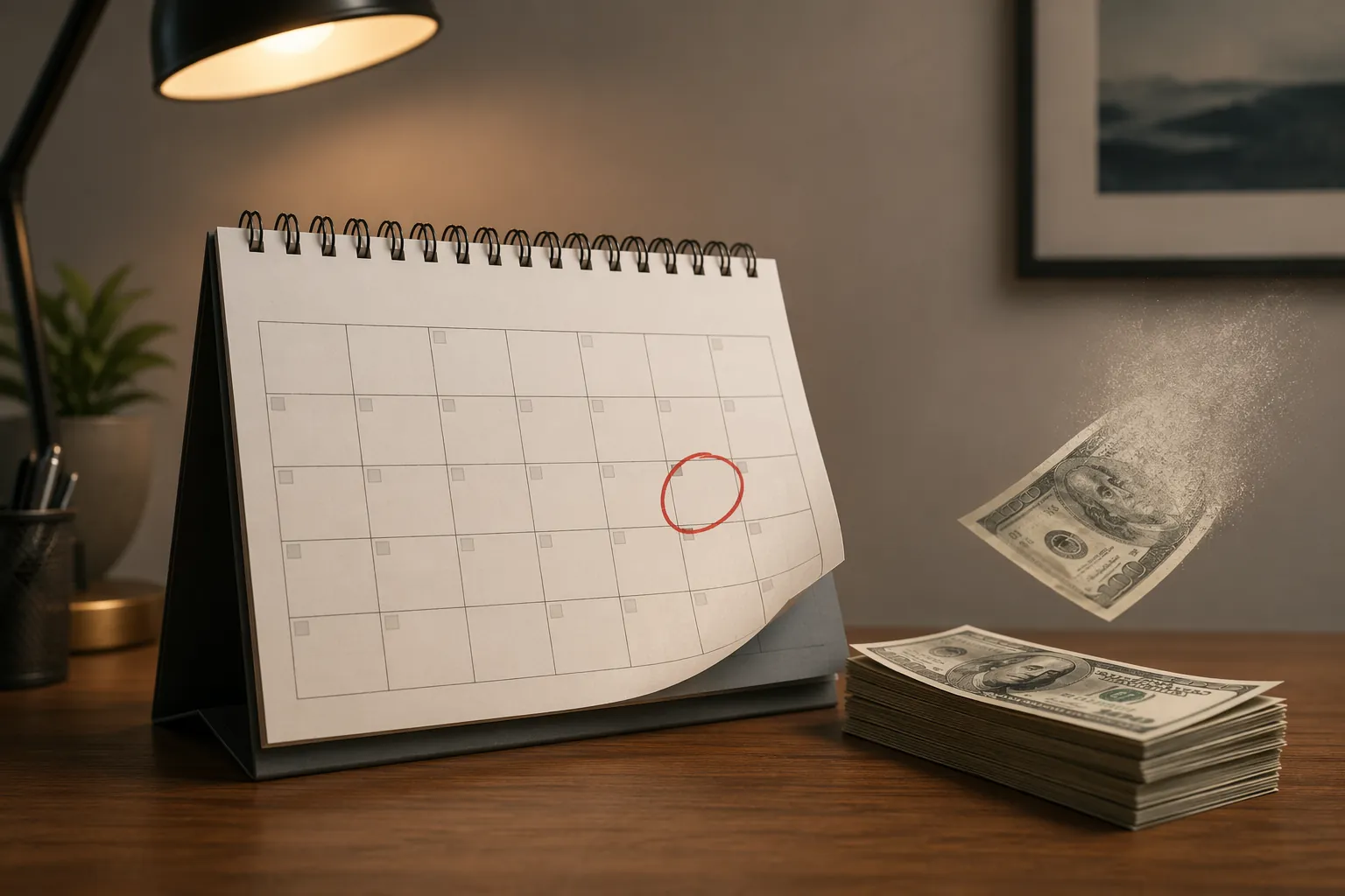 A desk calendar with a red-circled date and money nearby representing a missed retirement deadline
