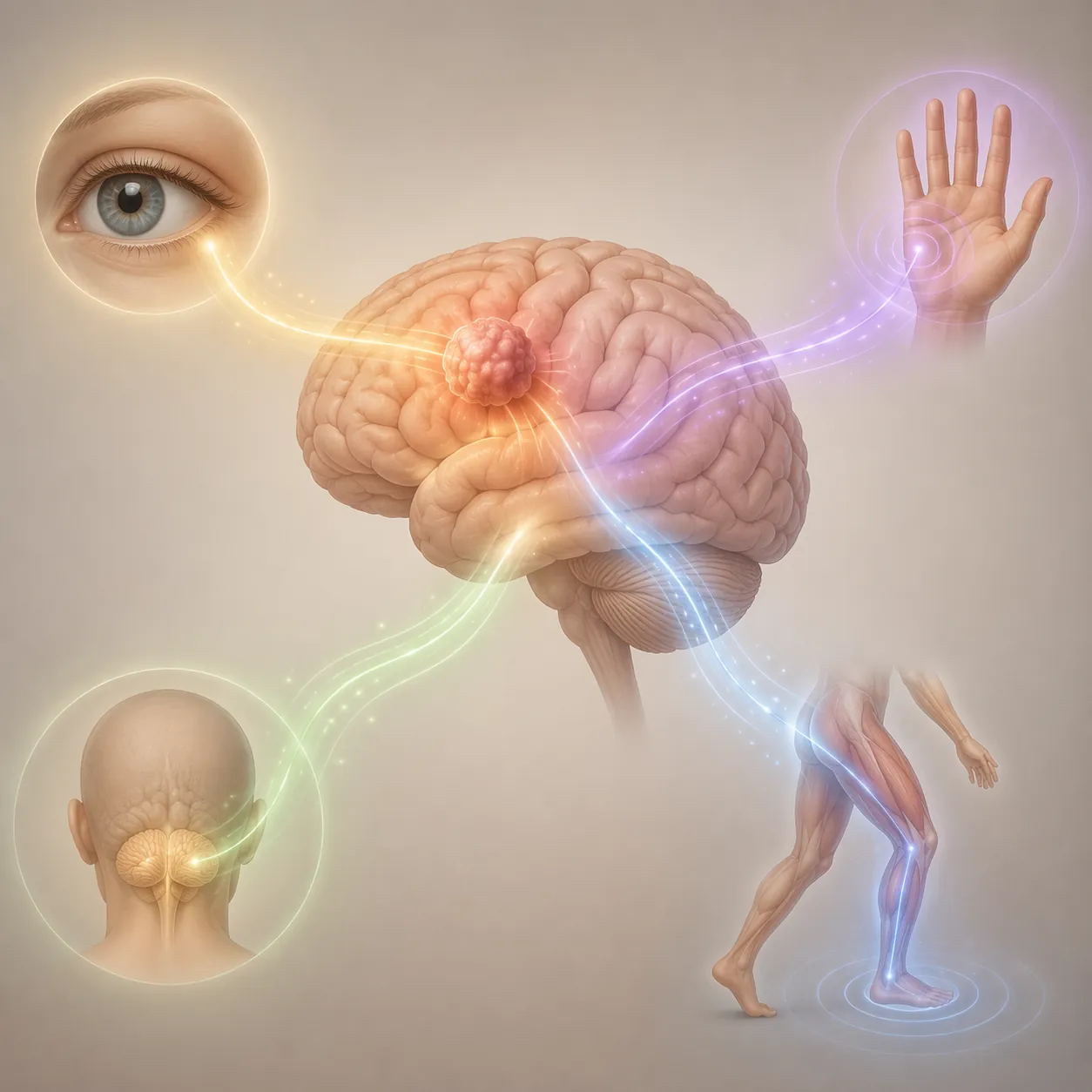 Medical illustration showing brain pathways linked to balance, vision, sensation, and limb weakness
