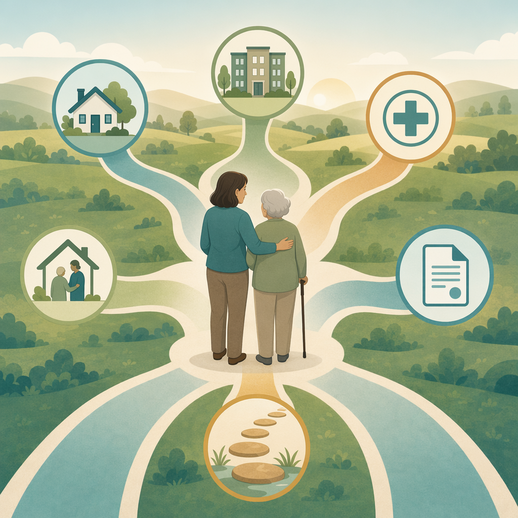 A clean editorial pathway map showing a family caregiver and elderly parent at a central decision point with six branching pathways each marked by a simple icon representing shared housing, HUD-subsidized apartments, PACE programs, adult family homes, HCBS waivers, and money-follows-the-person programs, rendered in warm teal, sage, and amber tones.
