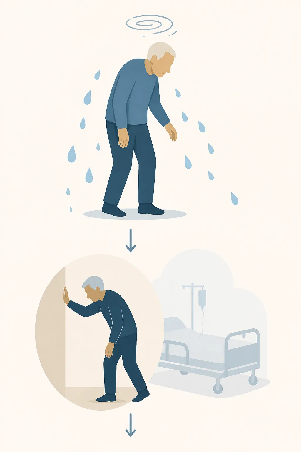 Illustration of fluid loss, dizziness, bracing against a wall, and hospitalization risk in an older adult