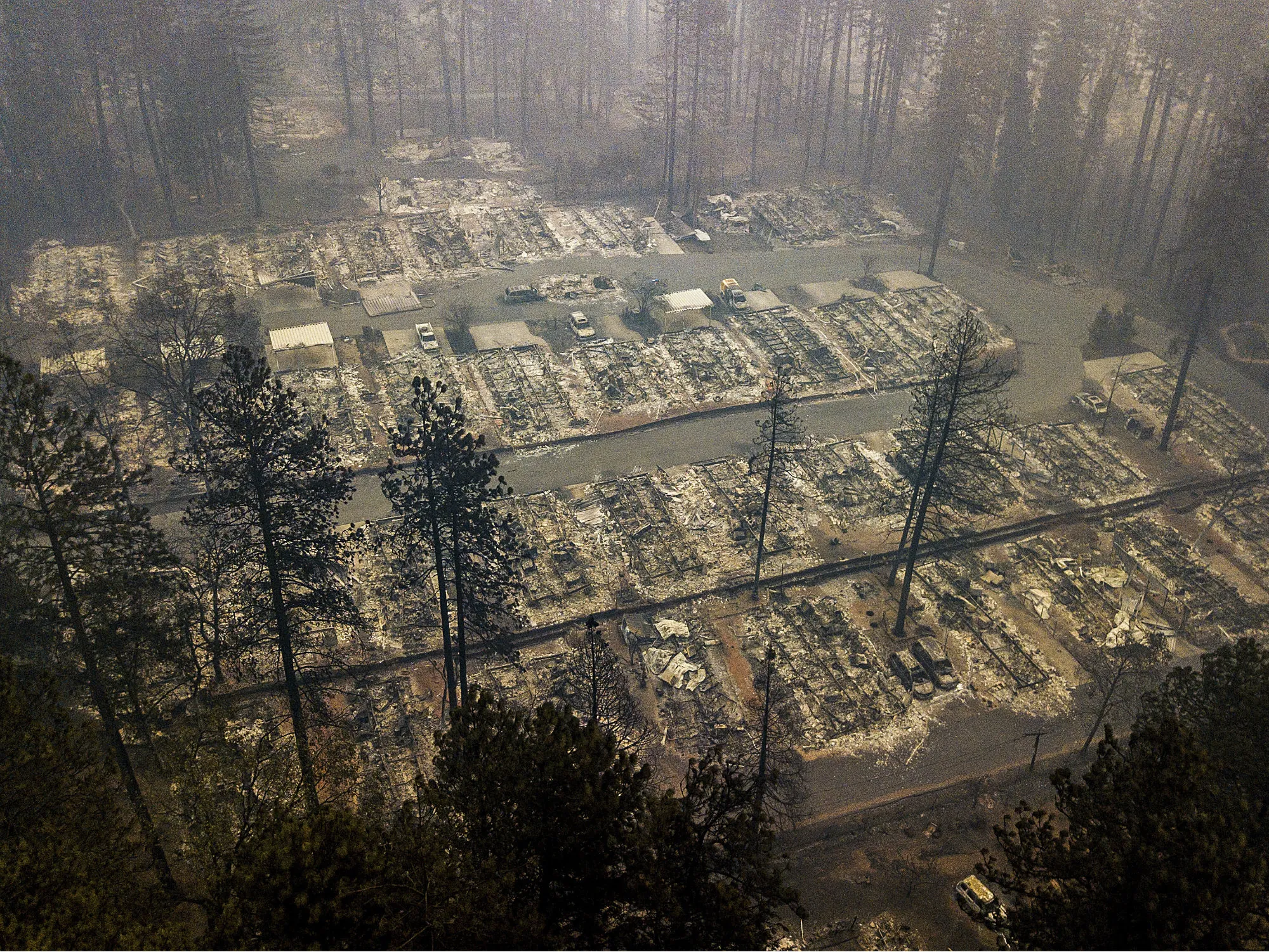 Aerial view of a Paradise, California neighborhood destroyed by the 2018 Camp Fire