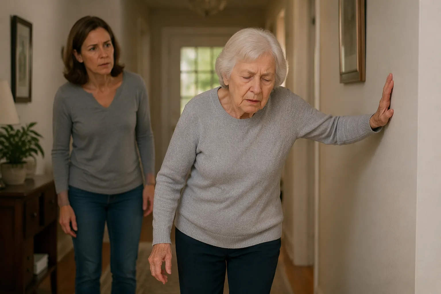 Older adult steadying themselves against a hallway wall while a concerned adult daughter watches nearby