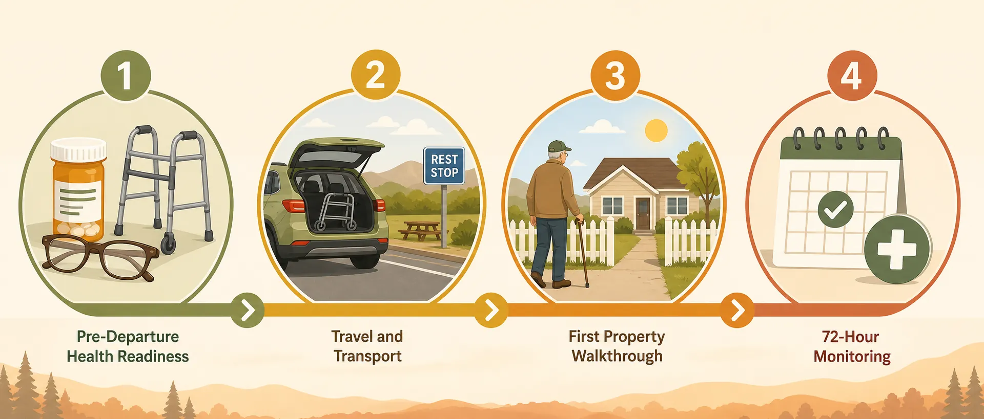 Four-phase workflow for senior wildfire return safety: pre-departure readiness, travel and transport, daylight property walkthrough, and 72-hour monitoring