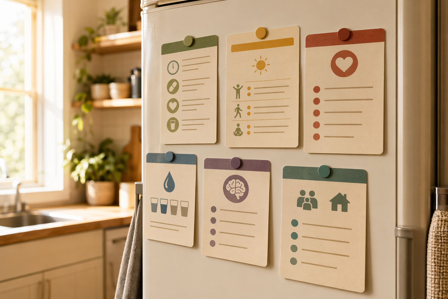 A set of warm beige printed quick-reference cards held by magnets on a home refrigerator door. Each card shows color-coded section markers and simple icons. Soft morning light from a kitchen window.
