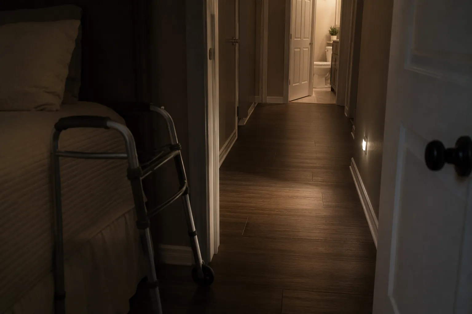 Nighttime hallway from bedroom to bathroom with walker within reach, clear floor, and nightlight
