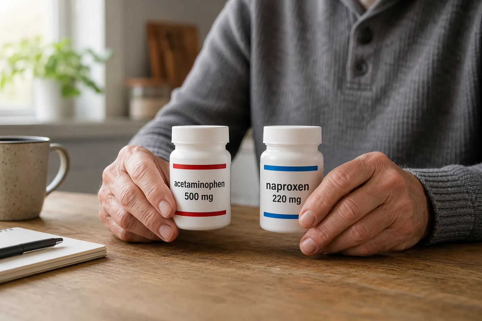 Senior adult hands holding acetaminophen 500 mg and naproxen 220 mg bottles on a wooden table