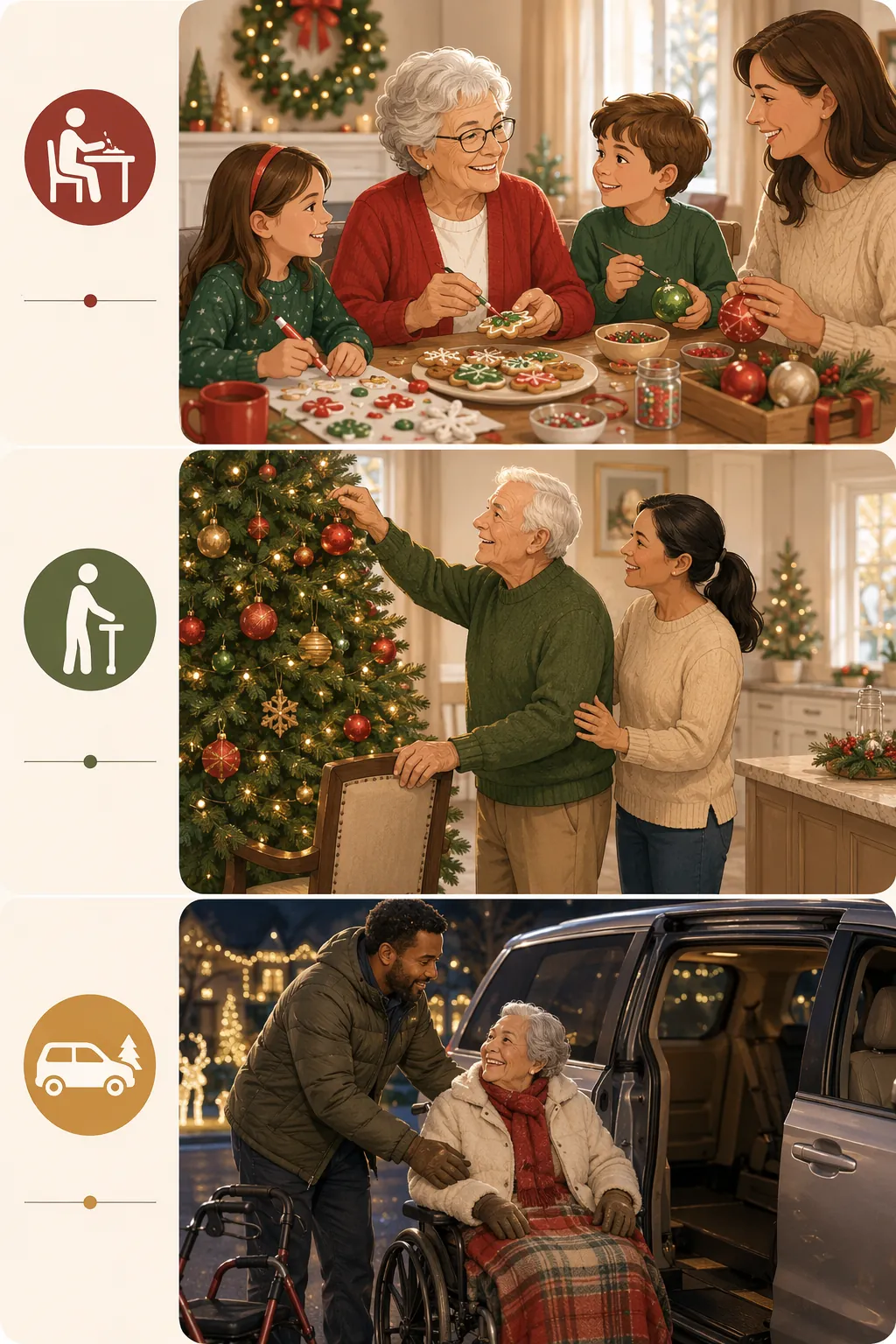 Illustration of seated, supported standing, and outing holiday activity tiers for seniors