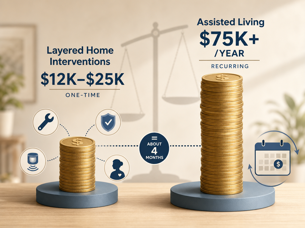 Cost comparison illustration showing a single coin stack for layered home interventions ($12K-$25K one-time) next to a much taller repetitive coin stack for assisted living ($75K+/year recurring), with a dotted line showing the left stack equals about 4 months of the right stack.