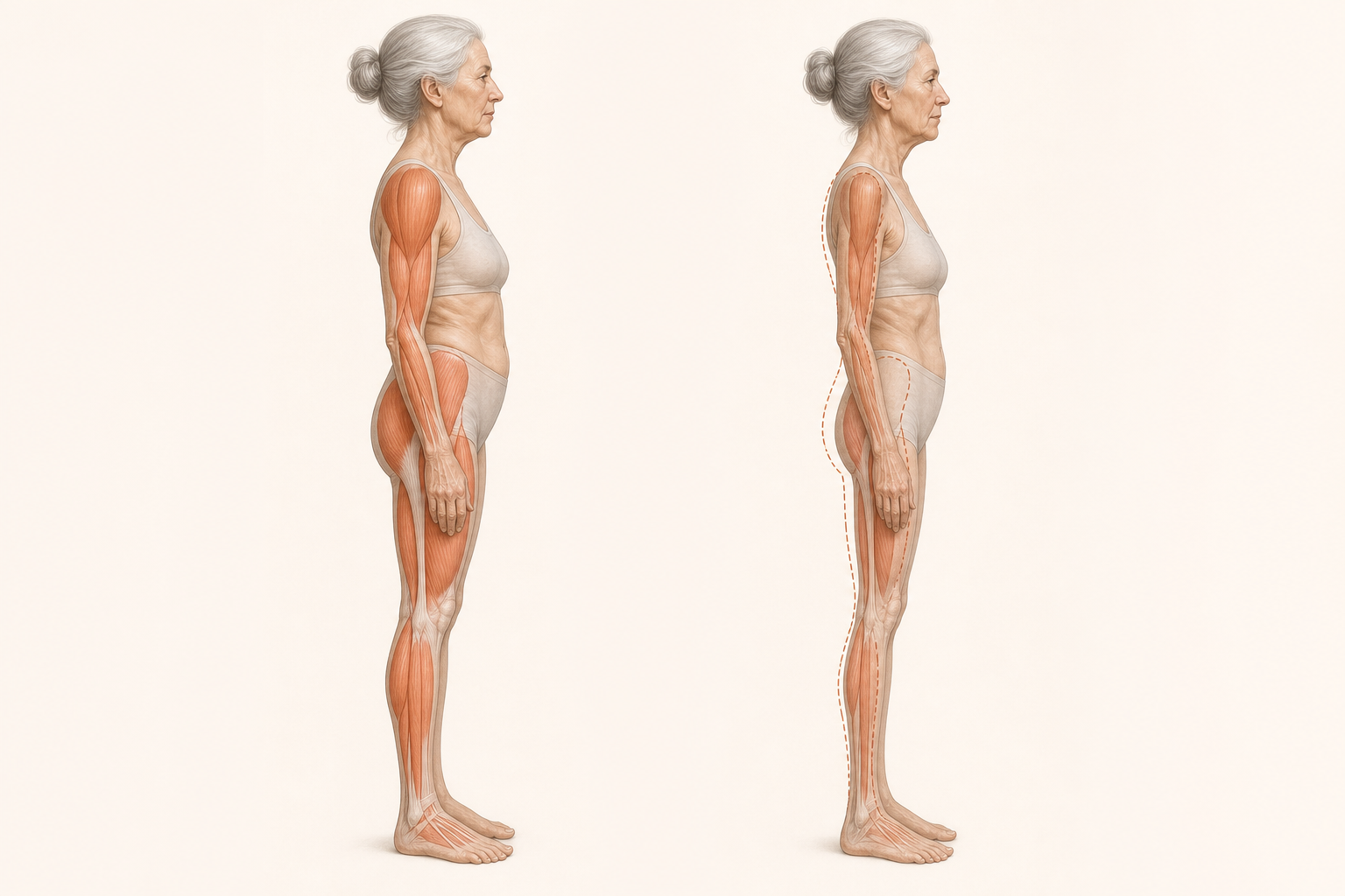 Anatomical silhouettes comparing naturally thinned aging muscle with additional lean mass loss during GLP-1 weight loss