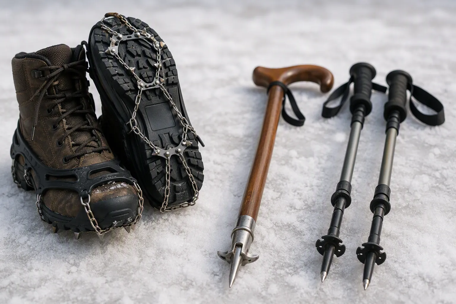 Winter boots with ice grippers, cane ice-pick tip, and trekking poles on an icy surface