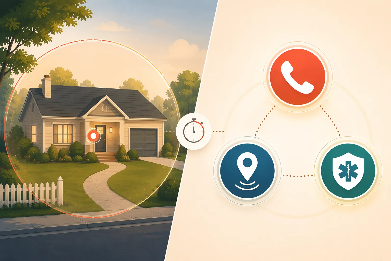 Illustration of a home search radius connected to 911, GPS tracking, and MedicAlert actions