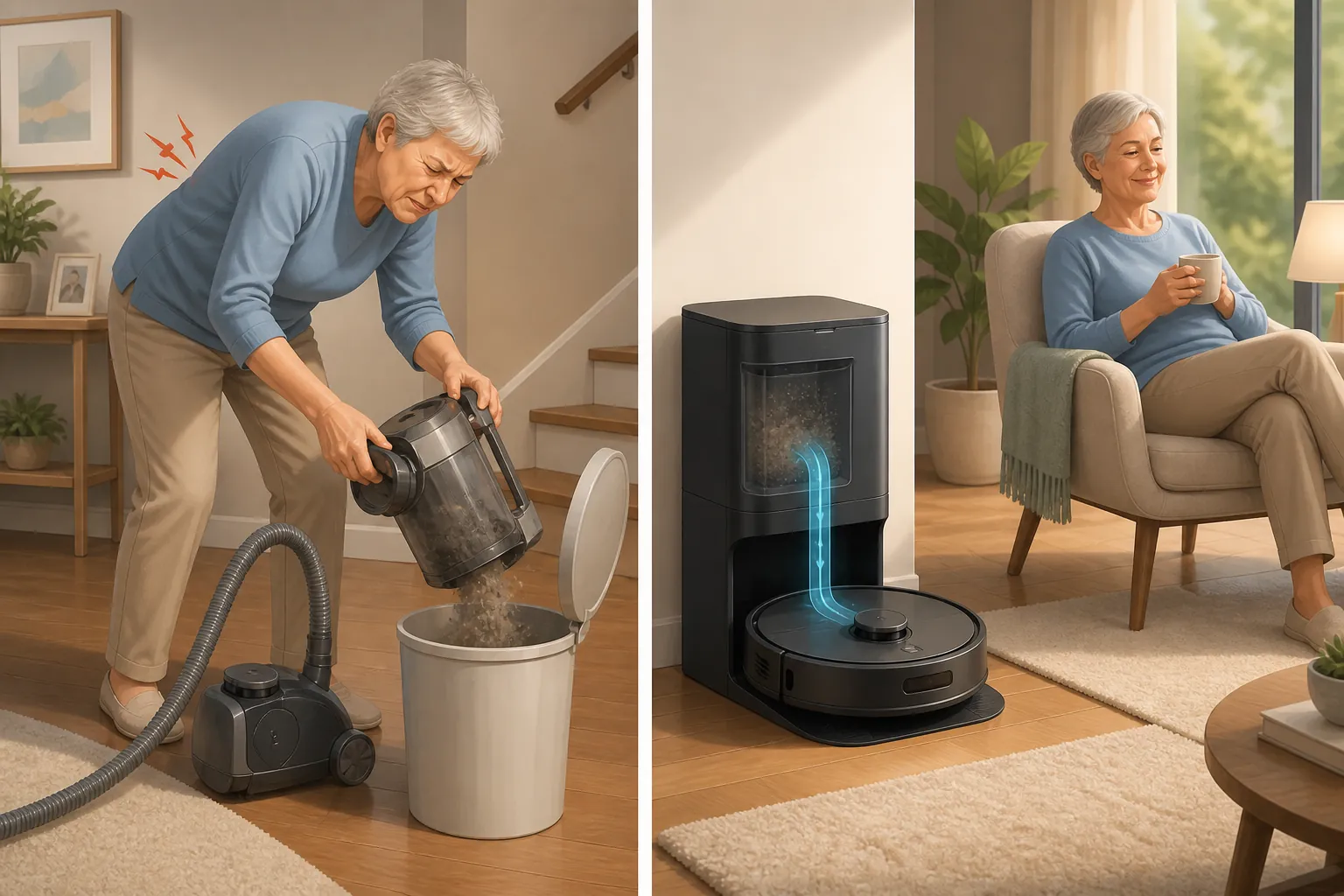 Comparison of someone bending to empty a traditional vacuum and someone relaxing while a robot vacuum docks itself