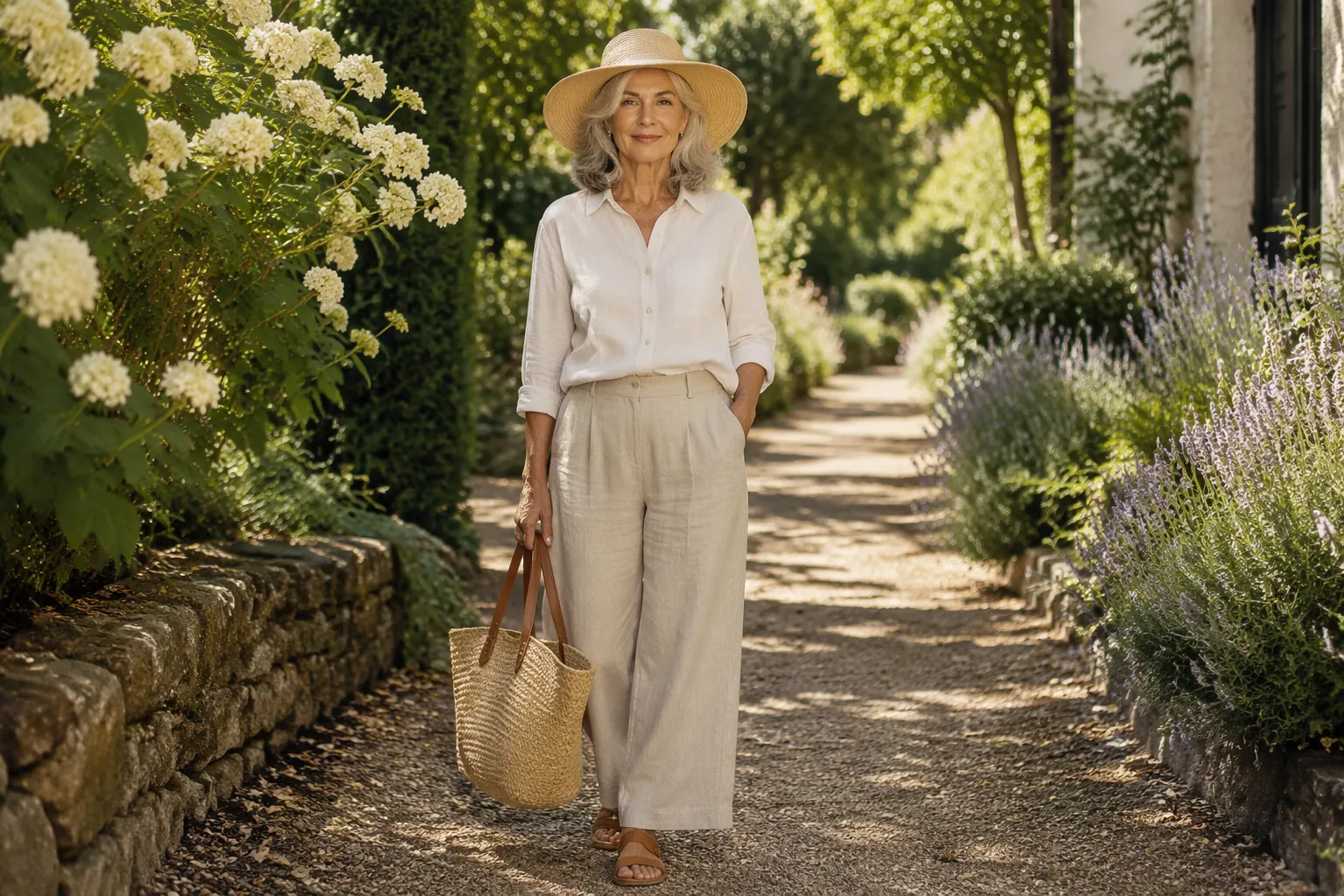 Elegant older woman in a cream linen shirt, wide-leg linen trousers, supportive sandals, and a wide-brim straw hat