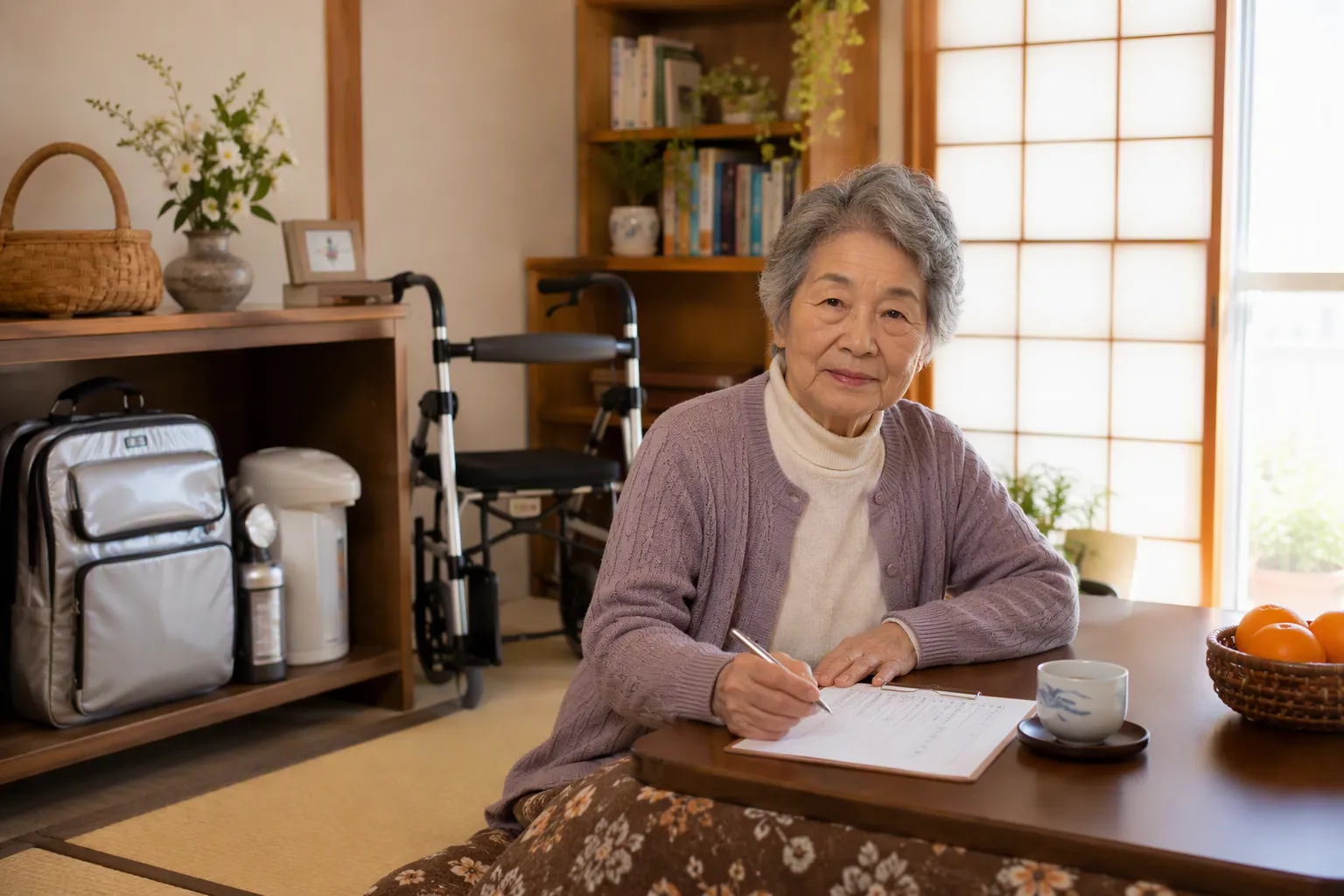 Elderly Japanese resident in a prepared home with anchored furniture, emergency supplies, a walker, and earthquake checklist materials
