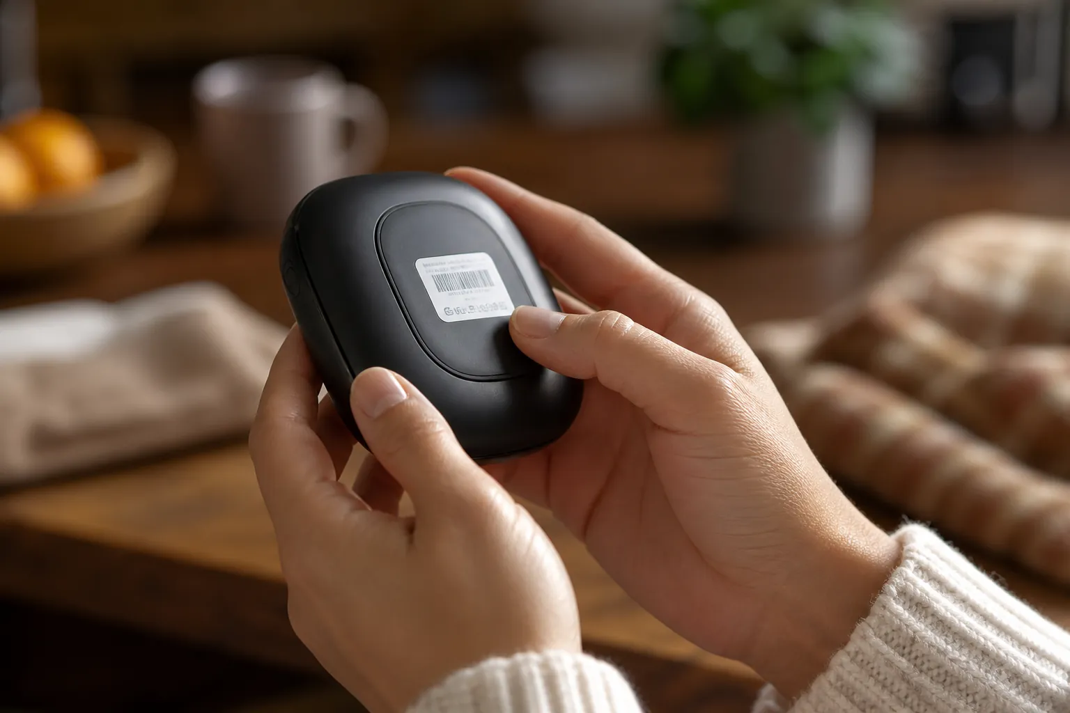 Caregiver turning over a small hand warmer to check the underside label