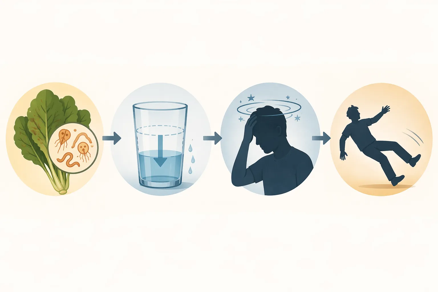 Illustration of contaminated produce leading to dehydration, dizziness, and a fall
