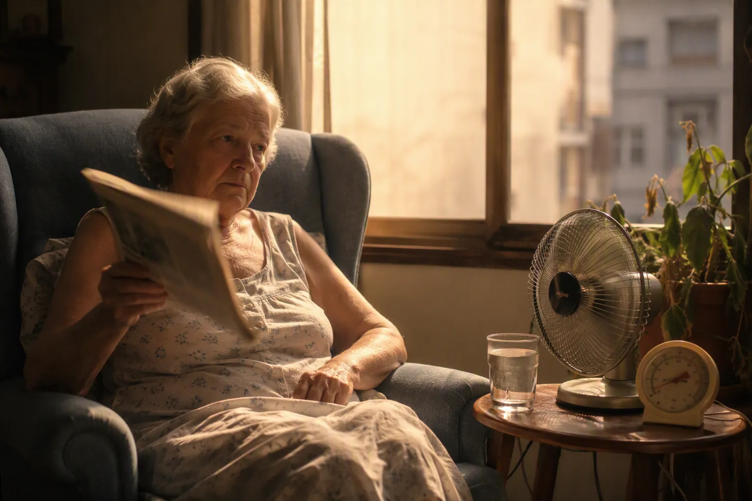 Older woman sitting alone in a hot living room with a fan, water glass, thermometer, and sunlight through uncovered windows