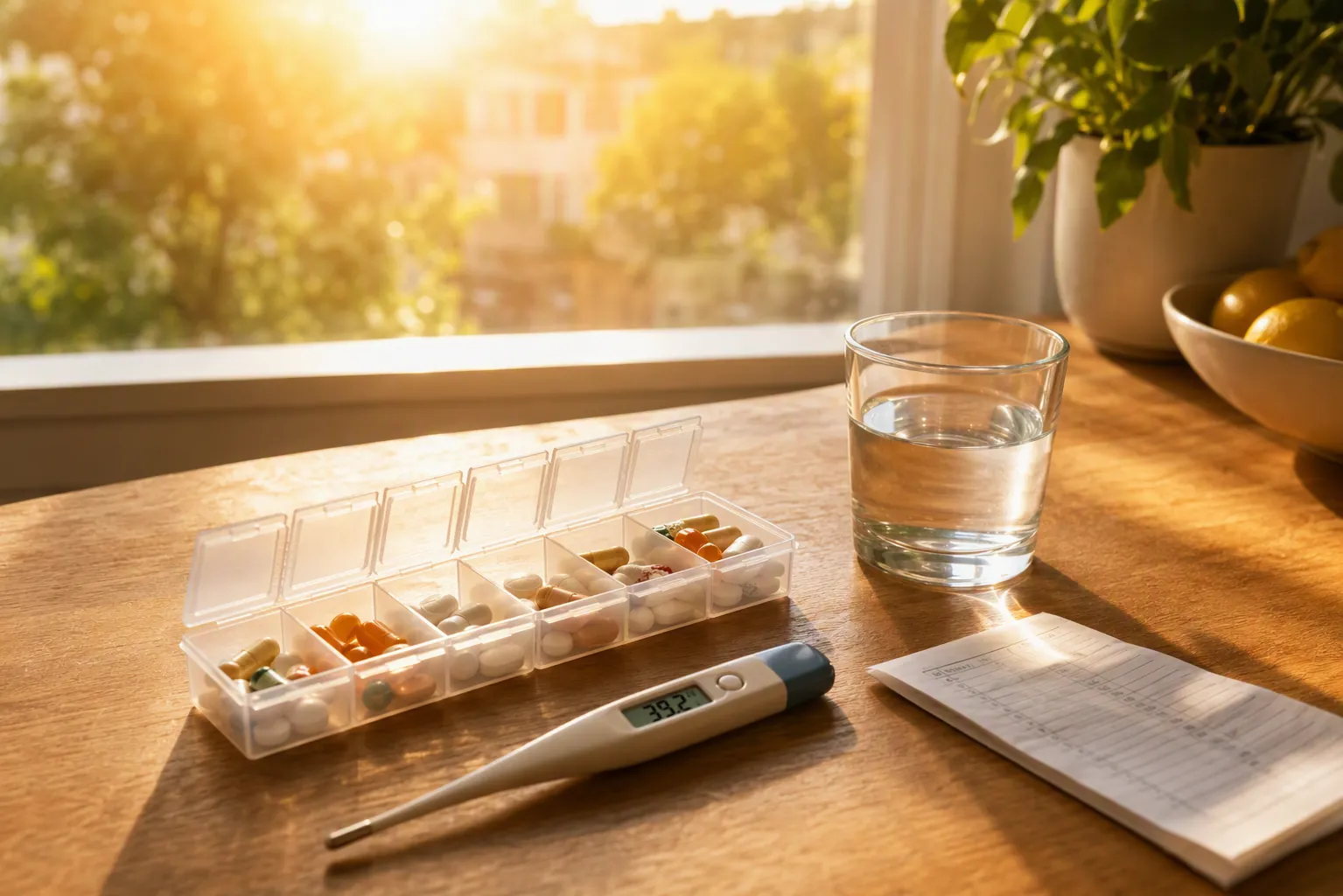 Weekly pill organizer, thermometer, and glass of water in warm summer light