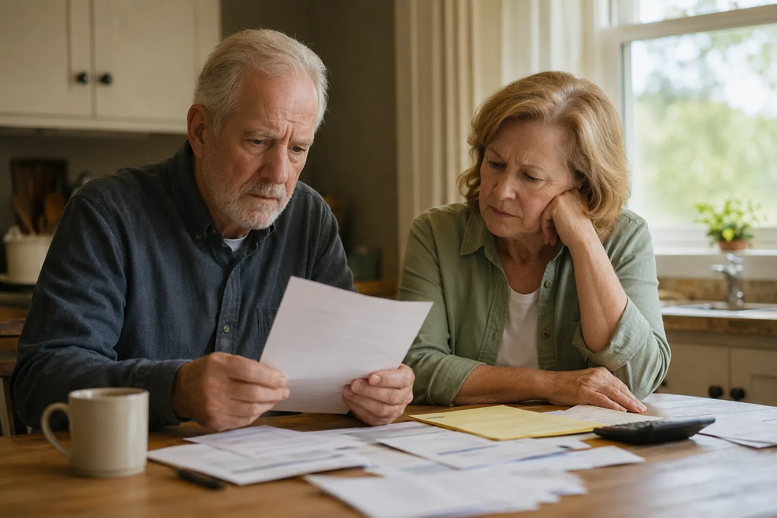 Older couple reviewing official-looking financial mail at a kitchen table