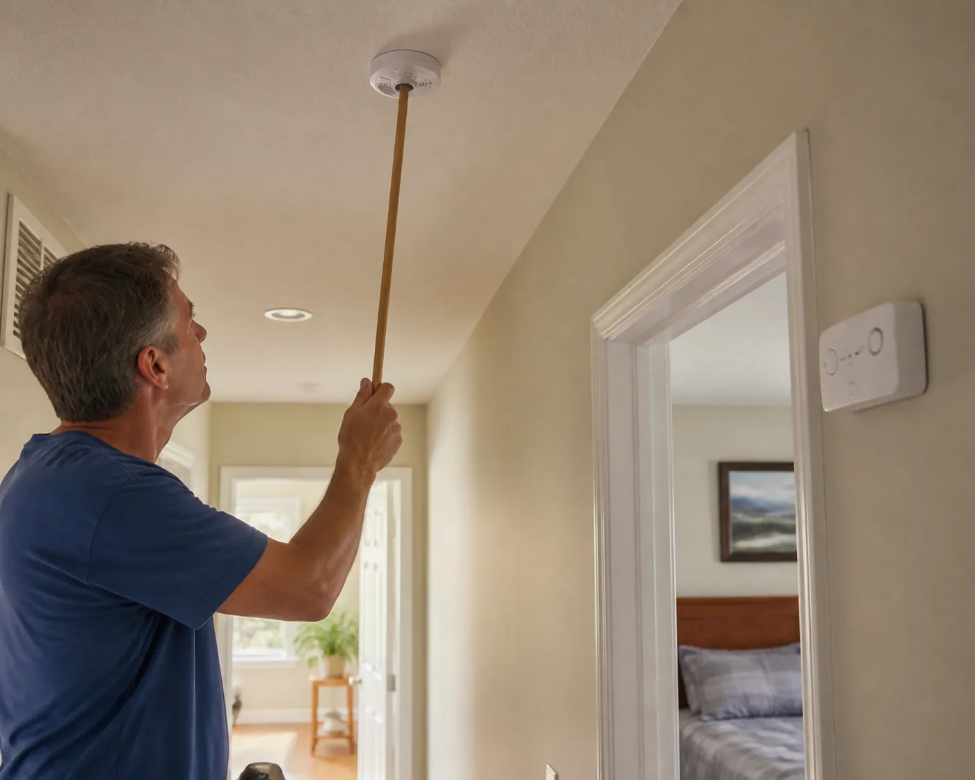 Person testing a smoke detector while a carbon monoxide detector is mounted near a bedroom door