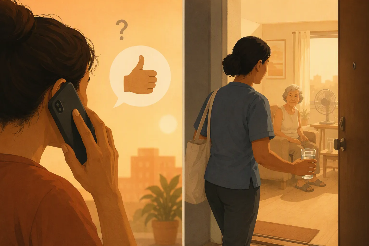 Illustration contrasting an uncertain phone check-in with an in-person heat wave visit