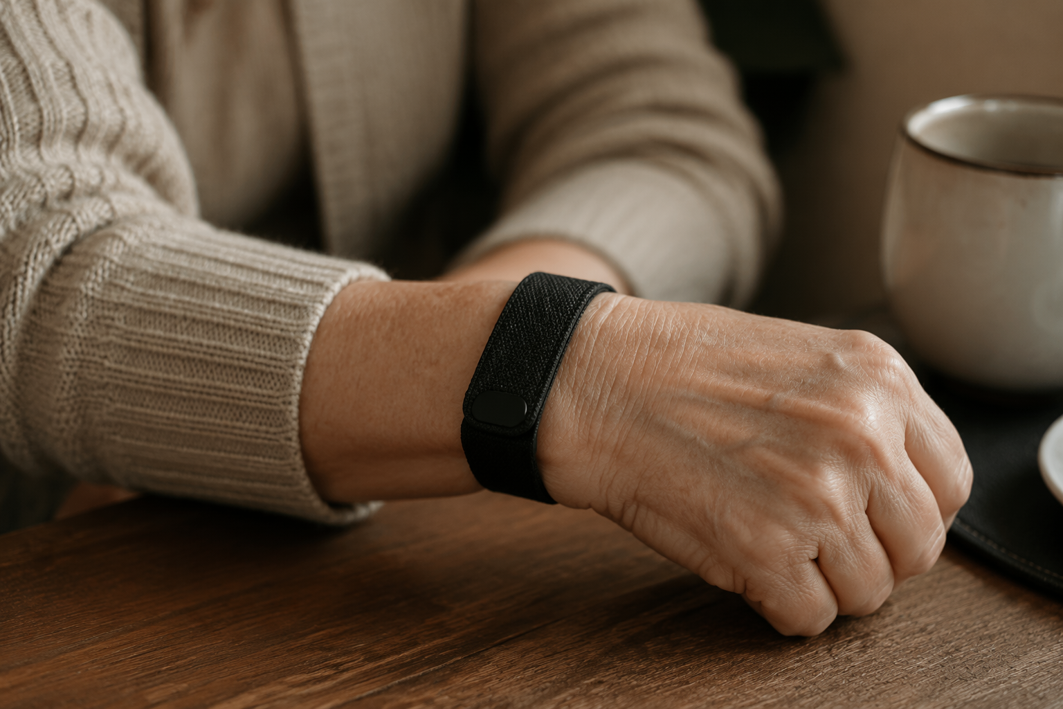 Older adult wearing a slim black fabric screenless health band at a kitchen table