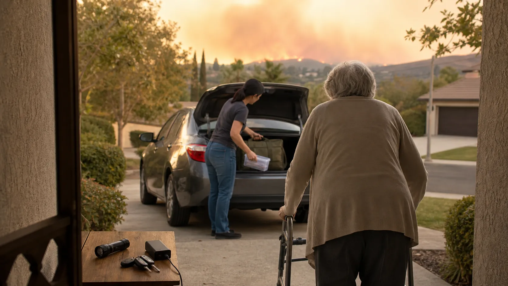 Older adult with a walker heading toward a sedan while an adult child loads a go bag and medication organizer