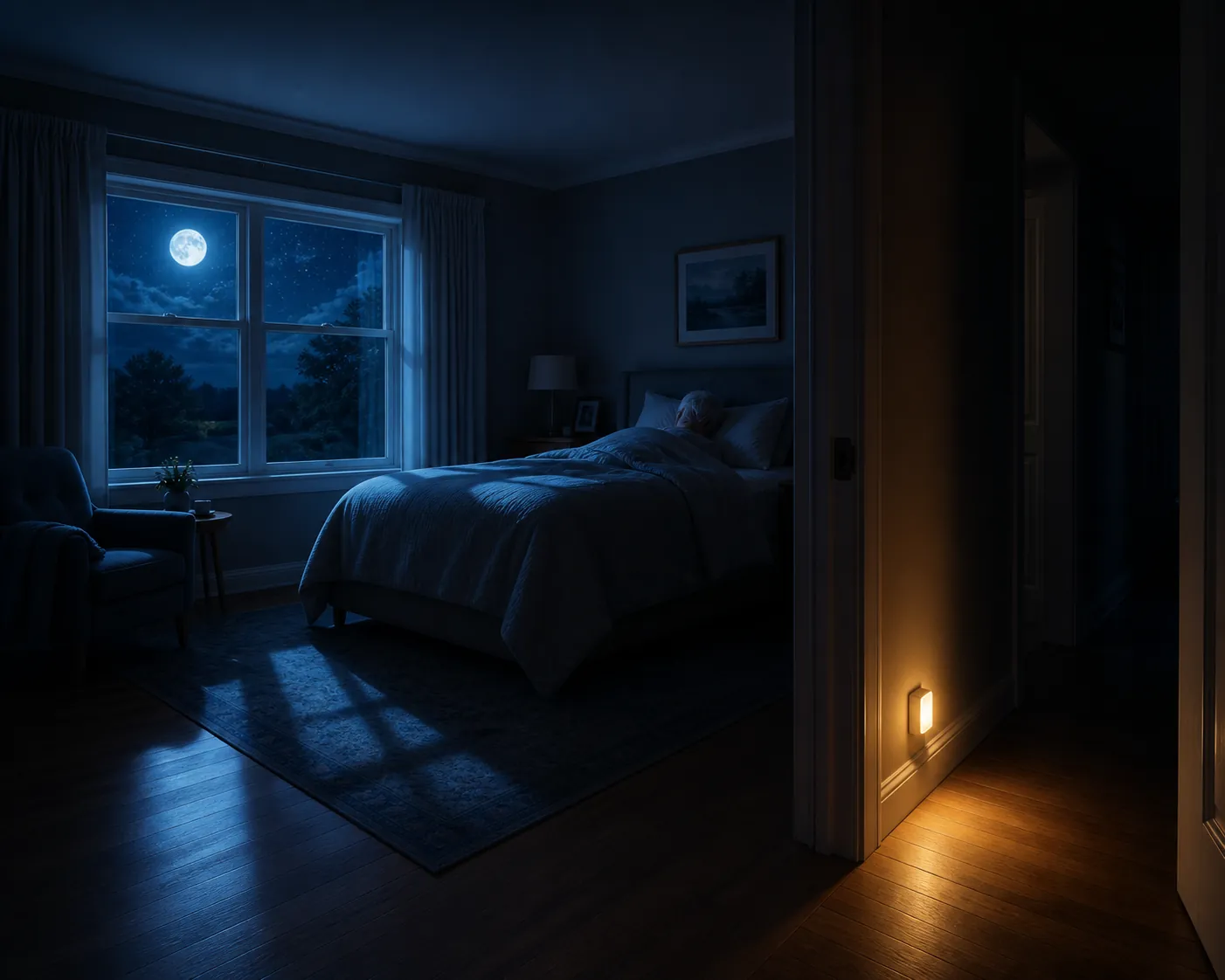 Quiet bedroom at night with a full moon outside the window and a low warm night light near the doorway