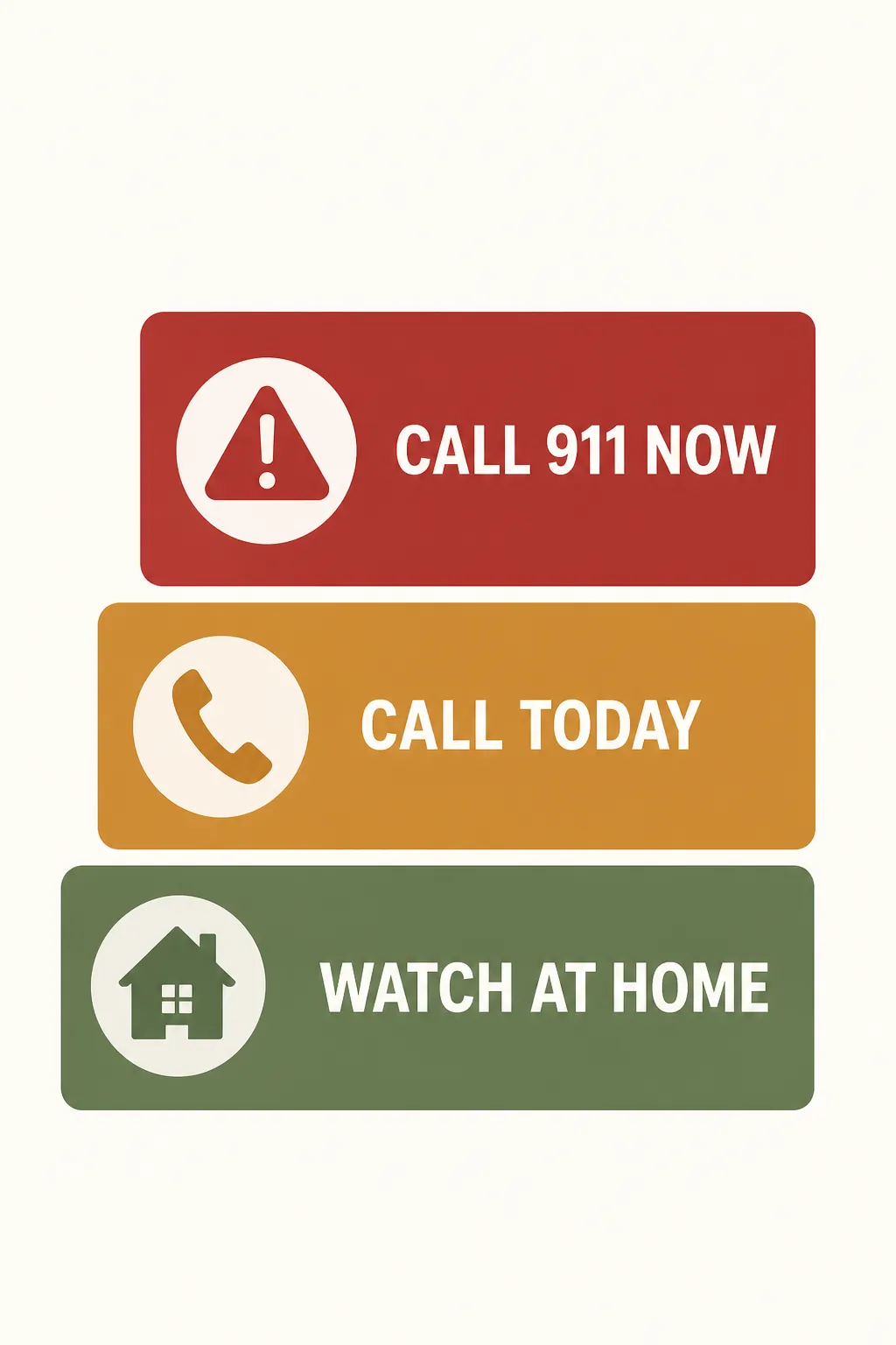 Three urgency tiers labeled watch at home, call today, and call 911 now