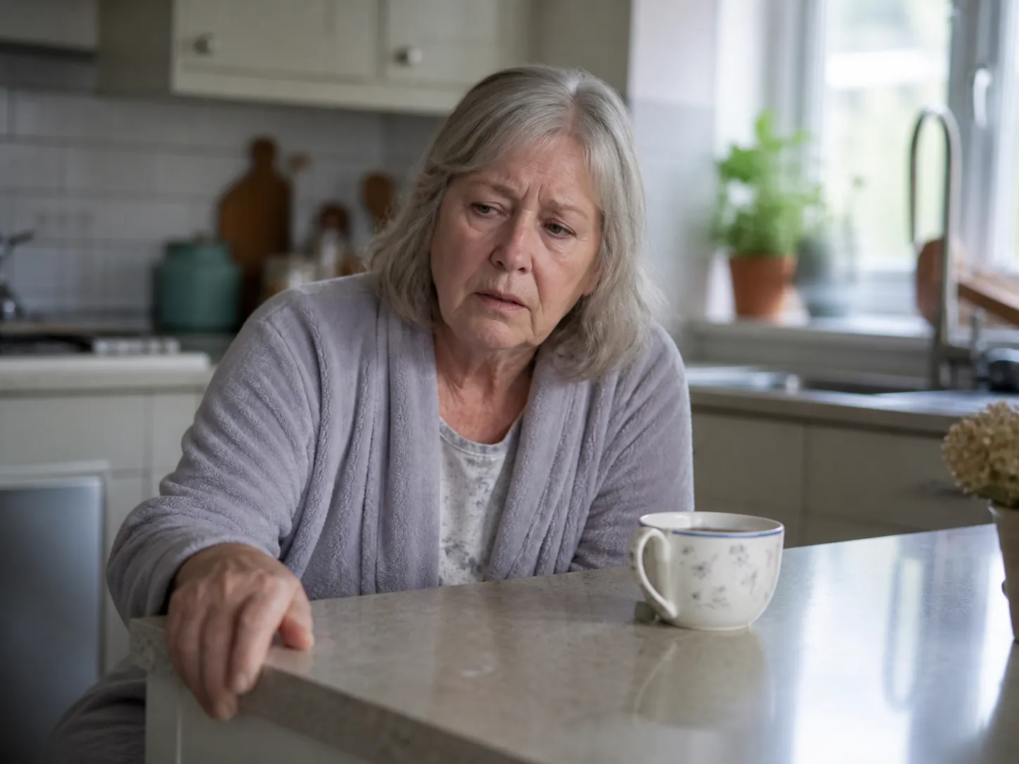 Older adult woman at a kitchen counter looking tired and slightly confused while gripping the counter beside a cup of tea