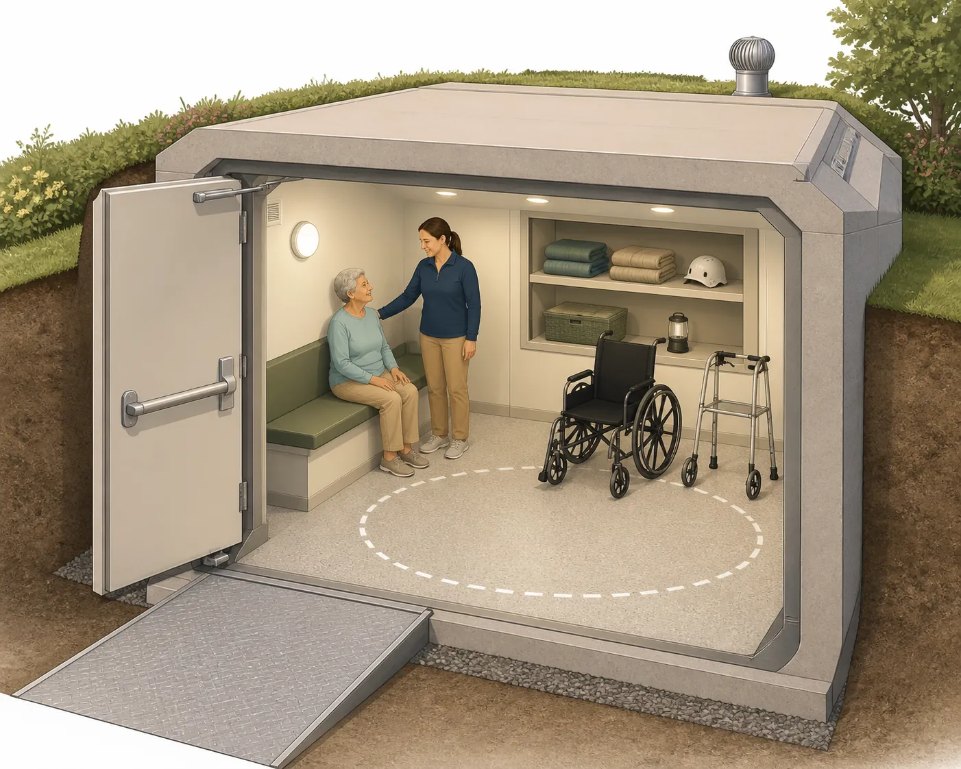 Accessible above-ground safe room with wide doorway, turning space, seated older adult, caregiver, walker, wheelchair, blankets, and helmet