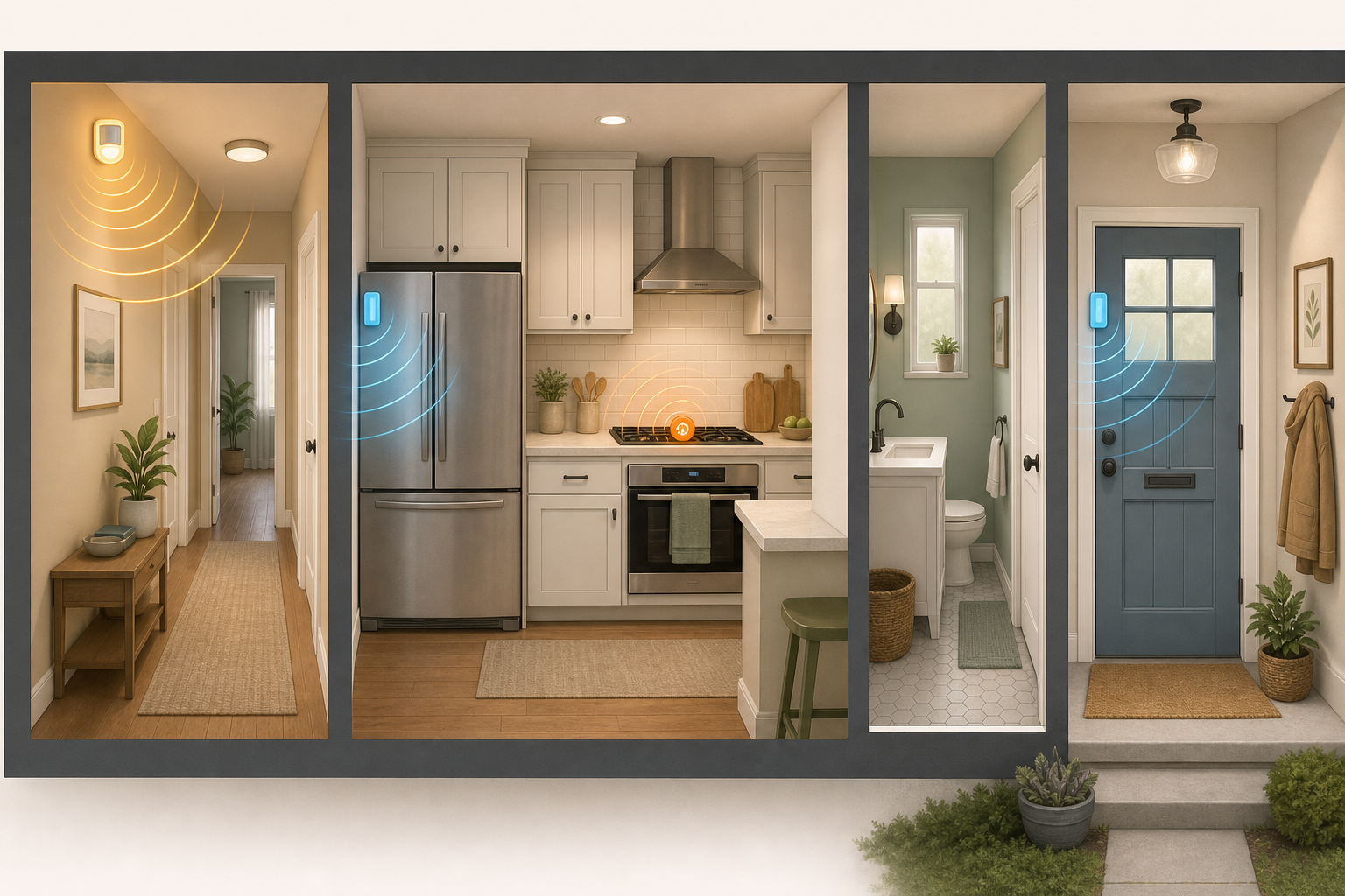 A simplified home floor plan illustration showing PIR motion sensors, door contact sensors, and stove sensors placed in their recommended locations across a hallway, kitchen, bathroom, and front door area.