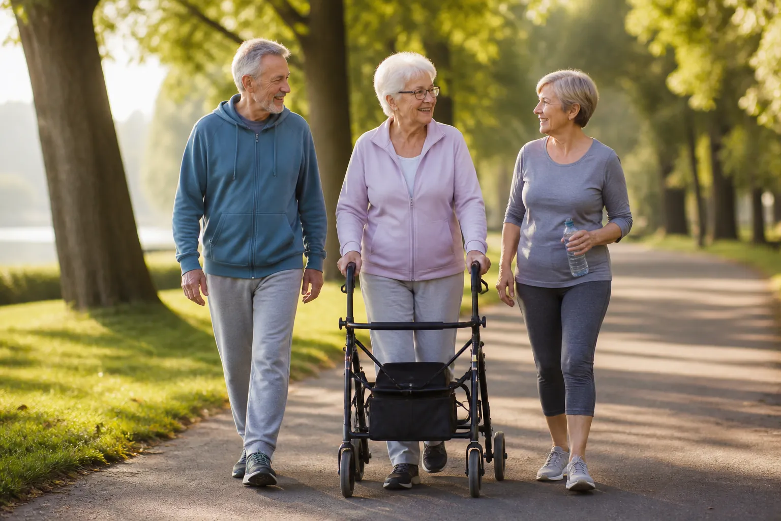 Three older adults walking together on a tree-lined path, including one woman using a rollator walker