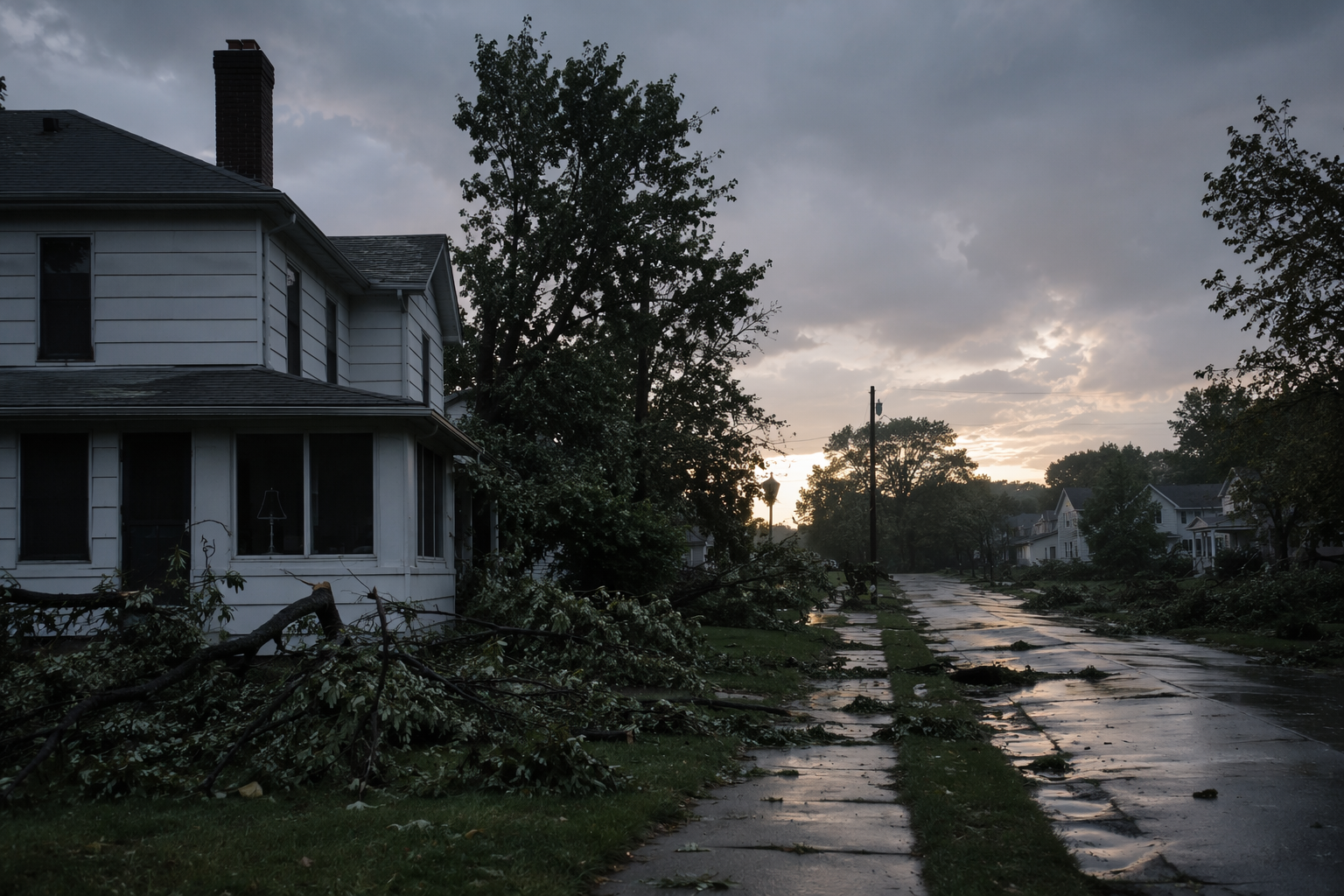 A quiet residential street right after a thunderstorm passes, with clearing gray sky and wet pavement, downed branches, and one house with dark windows showing a faint silhouette of oxygen tubing inside.