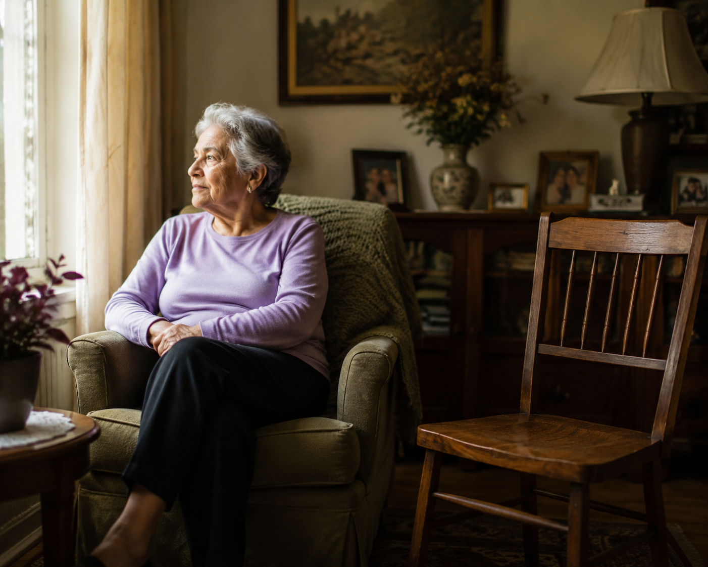 Older adult sitting beside an empty chair in a sunlit living room