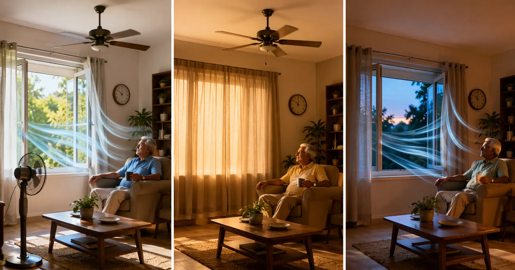 Three-panel illustration of a living room in morning airflow, afternoon shade and fan use, and evening cooling