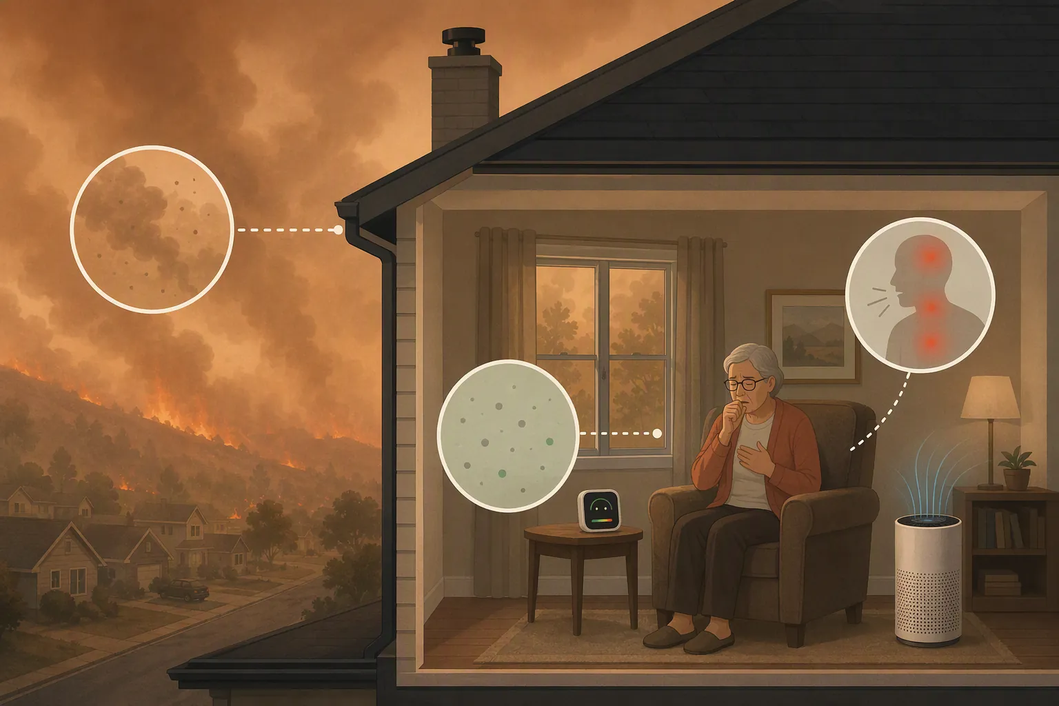 House during wildfire smoke with an older adult indoors, an air-quality monitor, and a portable air cleaner