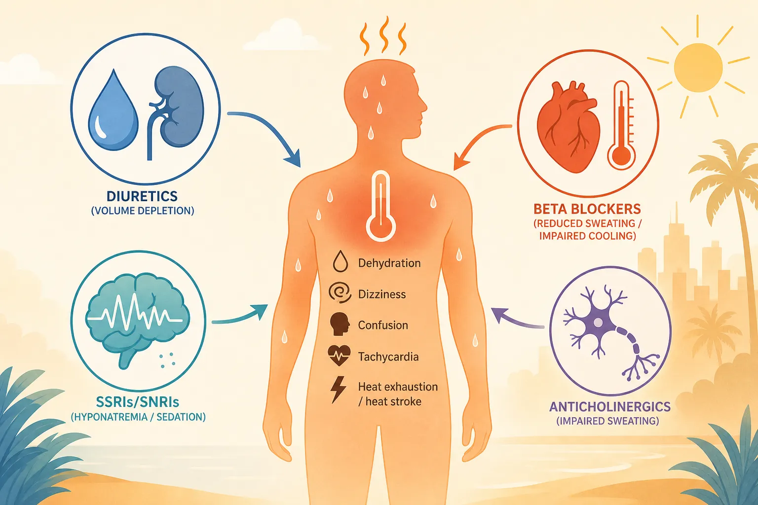 Diagram showing medication categories connected to heat-response effects in the body
