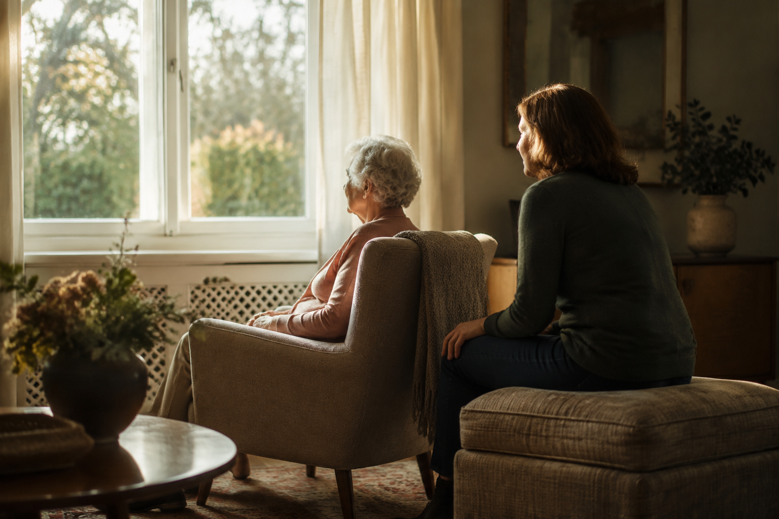 An older adult and a middle-aged caregiver seated together in a quiet, sunlit living room.