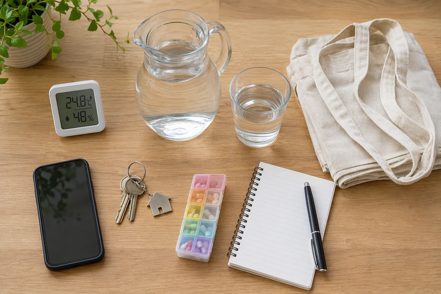 Heat wave preparedness items on a kitchen table including a thermometer, water, phone, keys, pill organizer, notepad, pen, and tote bag