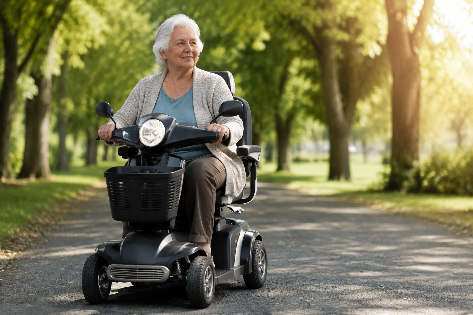Senior woman riding a four-wheel mobility scooter with visible lights, reflectors, and anti-tip wheels on a paved outdoor path