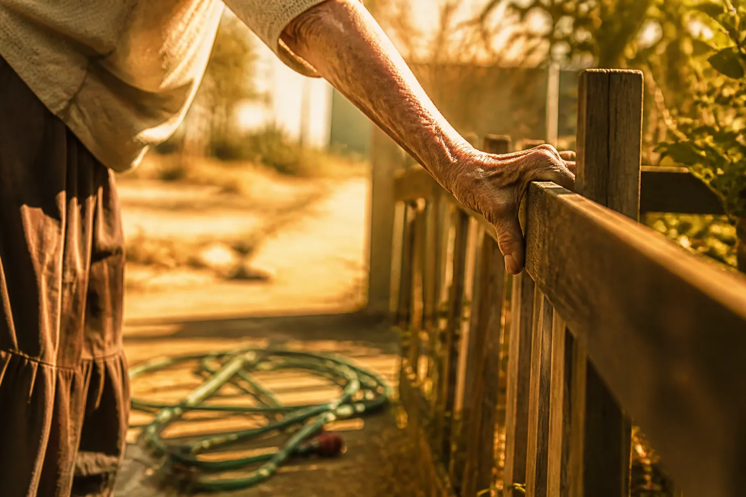 An older adult gripping a sun-warmed garden fence near a tangled hose in harsh summer heat