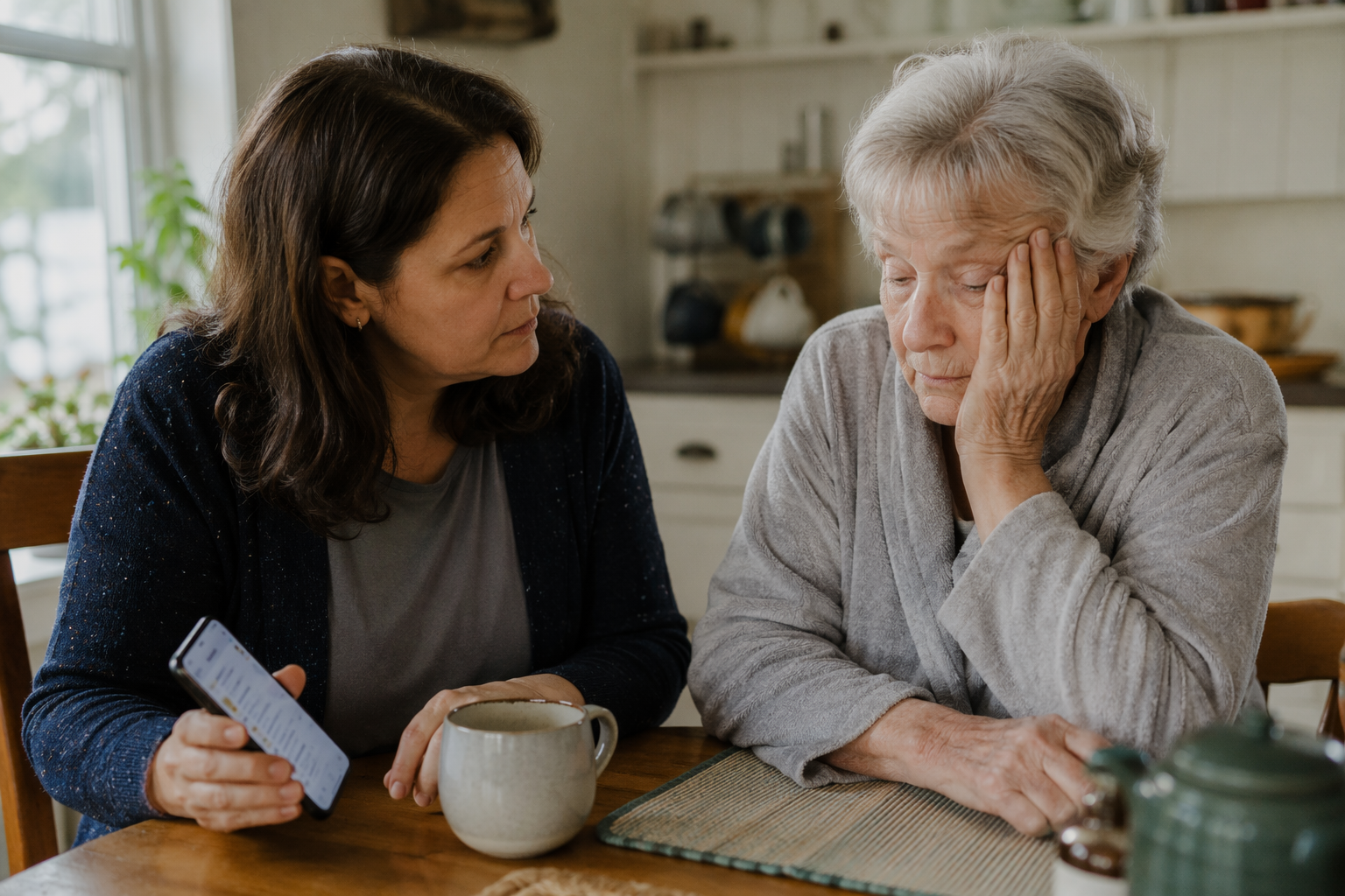 A daughter at a kitchen table taking notes while her elderly mother looks tired and unwell