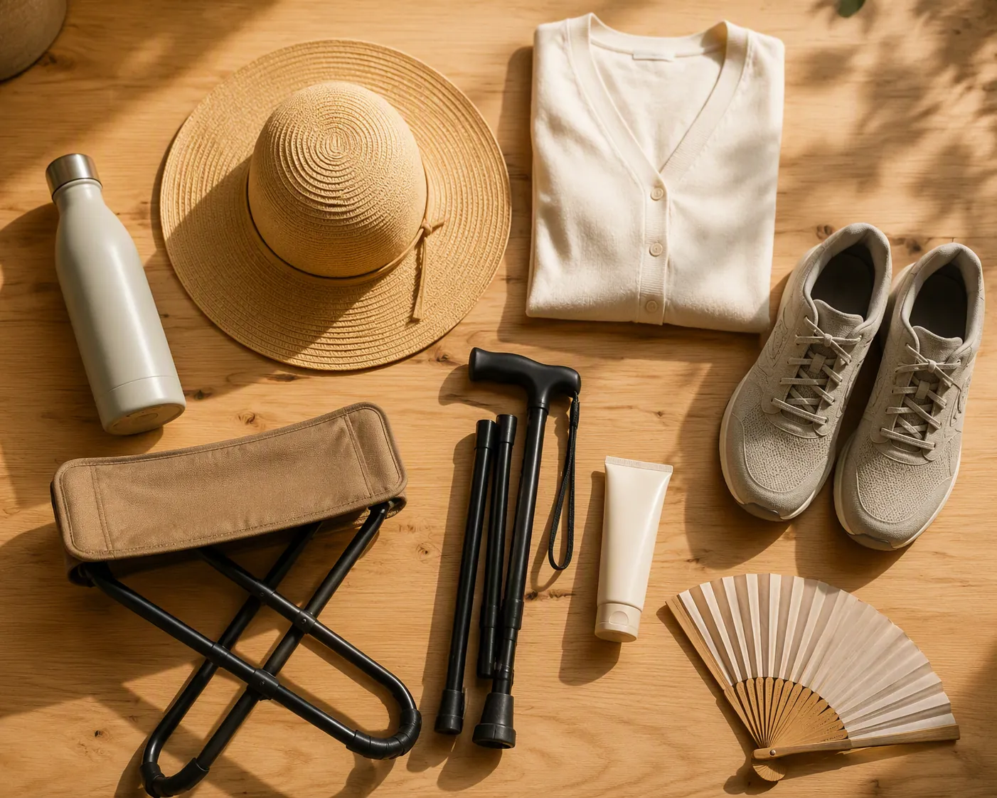 Evening outing prep items including water bottle, sun hat, walking shoes, cane, sunscreen, stool, and hand fan