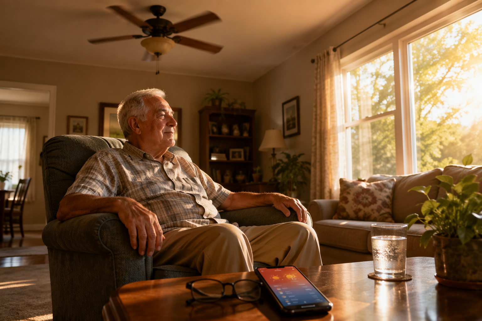 Older adult in a sunlit living room while a phone displays a weather alert