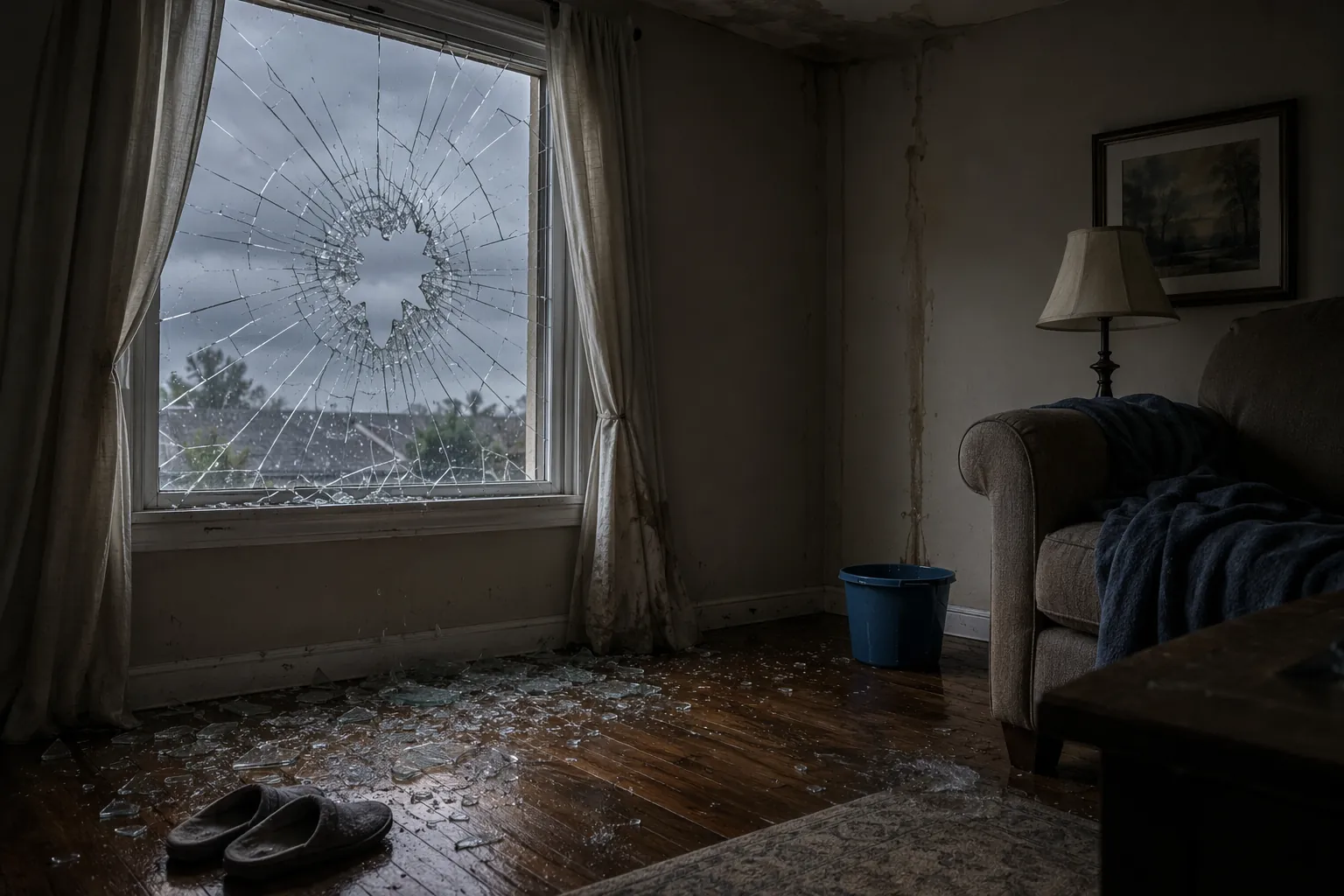 Living room with hail-damaged window, scattered glass, a ceiling leak bucket, and slippers near the debris