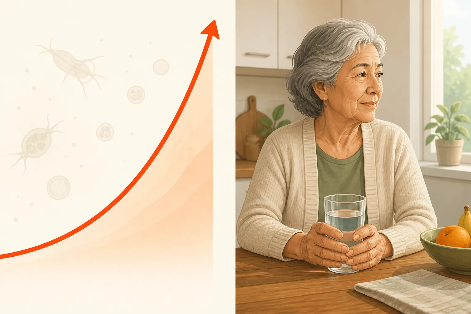 Rising outbreak curve beside an older adult holding a glass of water at a kitchen table