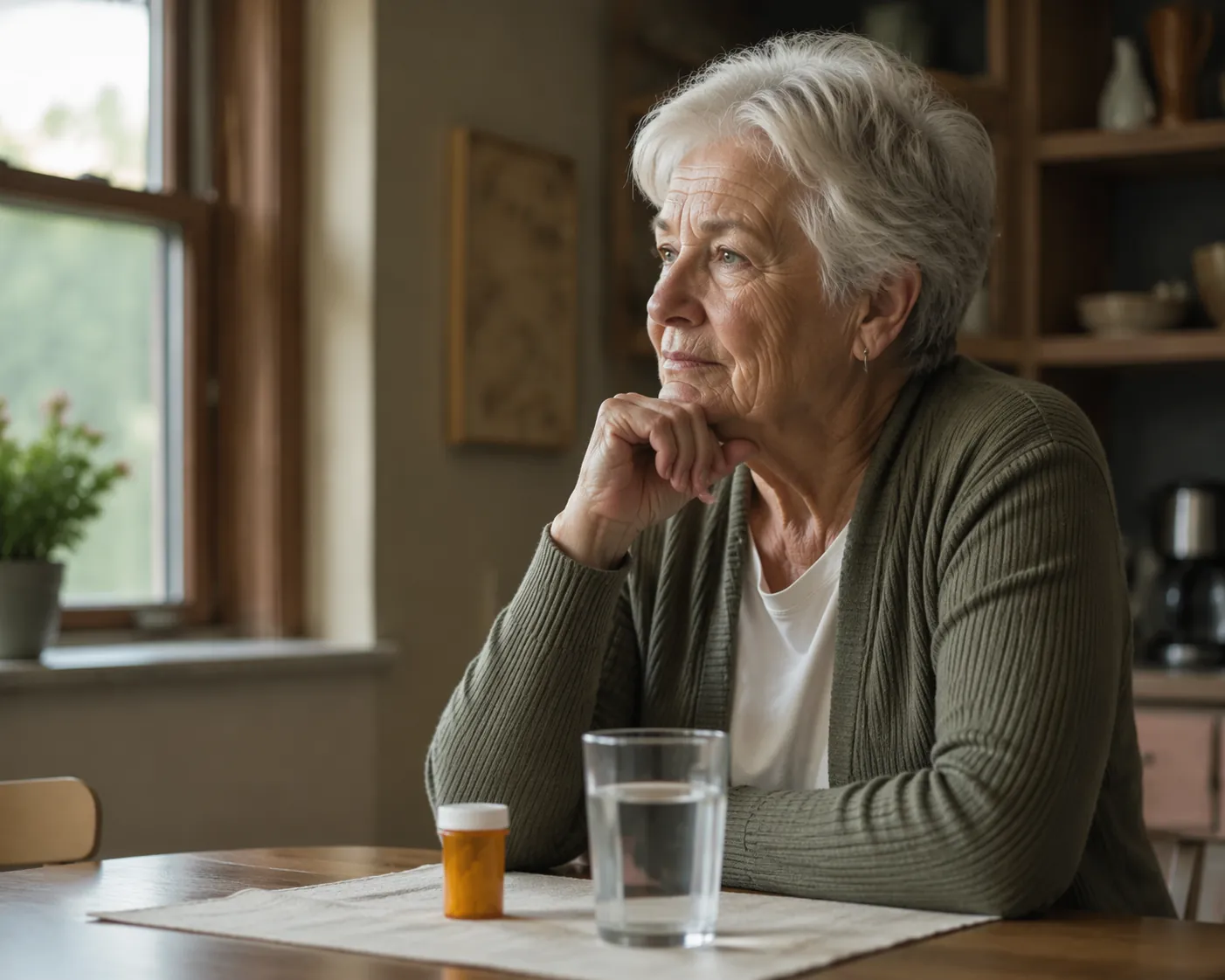 Older adult sitting at a kitchen table with a medication bottle and glass of water