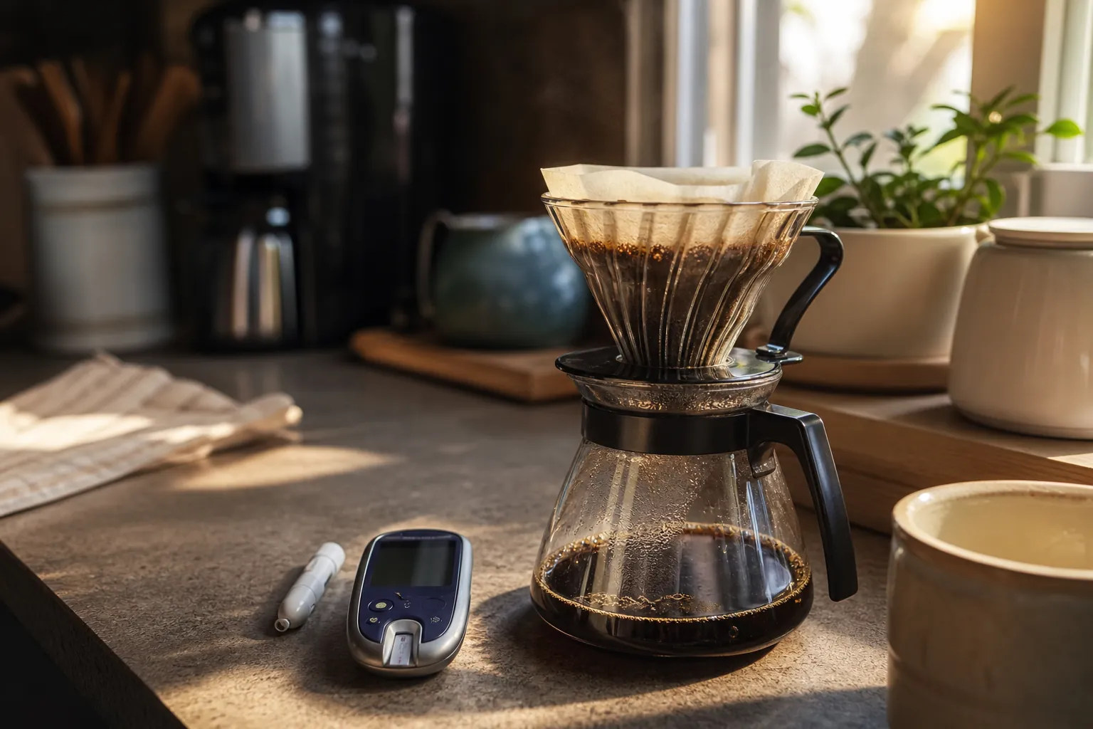 Drip coffee maker with a paper filter brewing beside a blood glucose meter on a sunny kitchen counter